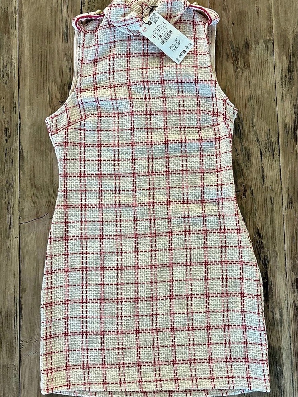 Zara Short Textured Dress Plaid Mini White & Red Small